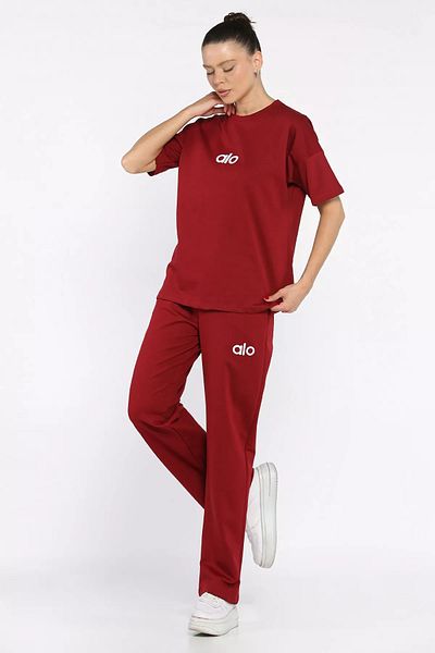 GÜLSELİ Burgundy Crew Neck Embroidered Women's T-Shirt Pants Double Set