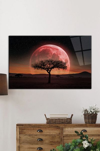 Rosyvien Red Sky Tree and Full Moon Horizontal Glass Painting, Modern, Home and Office Wall Decoration, Luxury Gift