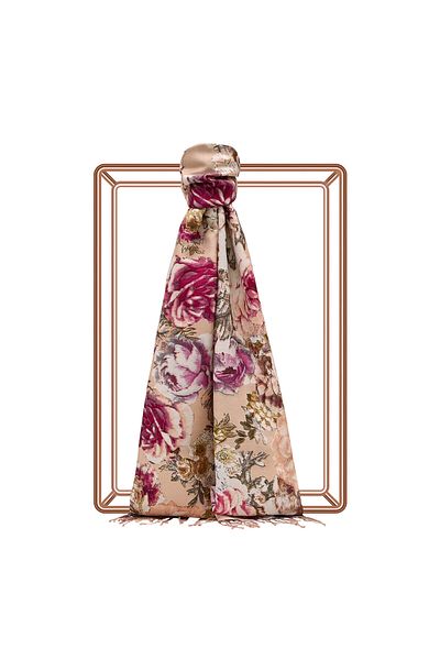 ipekevi Cream Pink Rose Leather Patterned Silk Shawl