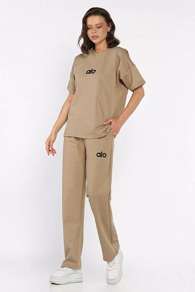 GÜLSELİ Beige Crew Neck Embroidered Women's T-Shirt Pants Double Set