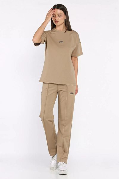 GÜLSELİ Beige Women's Çima Detailed Embroidered Trousers T-Shirt Double Set