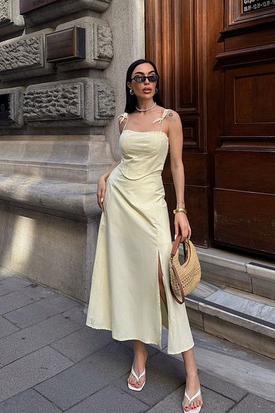 Seda Yalçın Atelier Yellow Corset Detailed Midi Dress