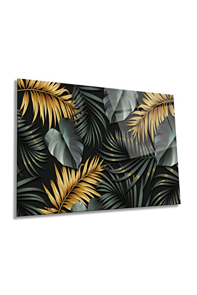 Rosyvien Tablou orizontal din sticlă cu frunze mari cu detalii aurii, natură,...