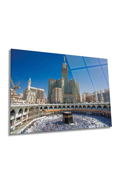 Rosyvien Pictură pe sticlă orizontală Mekka Kaaba, Sfântul islamic, Decor de perete pentru casă și birou, Cadou de lux