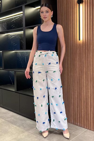 GÜLSELİ Stone Blue Women's High Waist Tassel Detailed Palazzo Linen Trousers