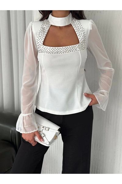 Tam12den Home Combed Cotton Long Sleeve Women's Sleeves Chiffon Blouse with Pearl Bead Detail on the Chest - White