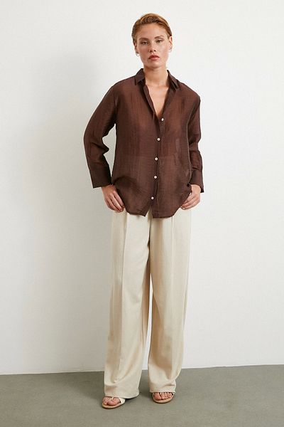 Never more Modal Basic V-Neck Shirt Brown