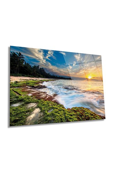 Rosyvien Peisaj hawaian de apus de soare pictură orizontală pe sticlă, decor de perete pentru casă și birou, cadou de lux