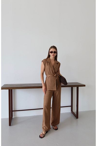 FİOXCO Softy Belted Vest Palazzo Woven Linen Suit
