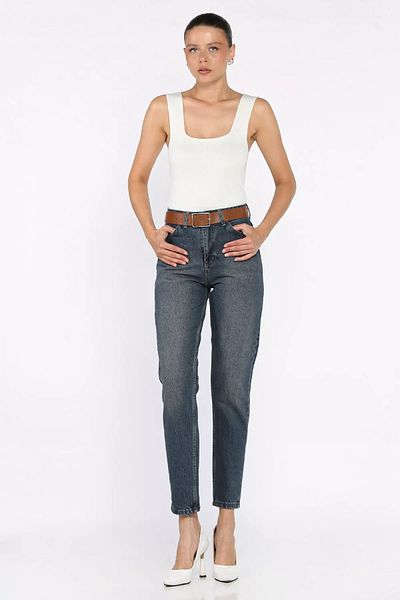 GÜLSELİ Navy Blue Women's Belt Detailed Mom Jean Jeans