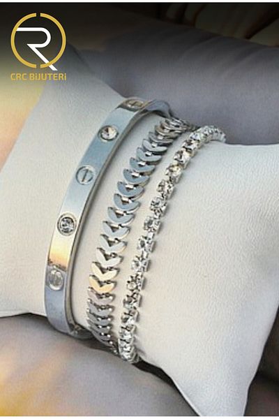 Crc Bijuteri Women's Silver Color 3-Piece Combination Bracelet Set