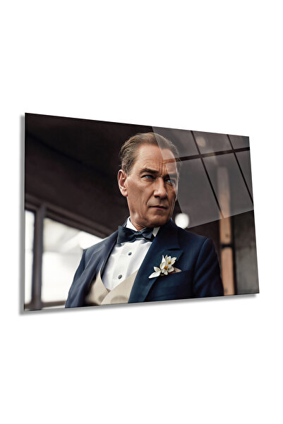 Rosyvien Yapay Zeka Asil Atatürk Yatay Cam Tablo, Takım Elbiseli Mustafa Kemal ATA, Ofis Dekoru, Hediyelik