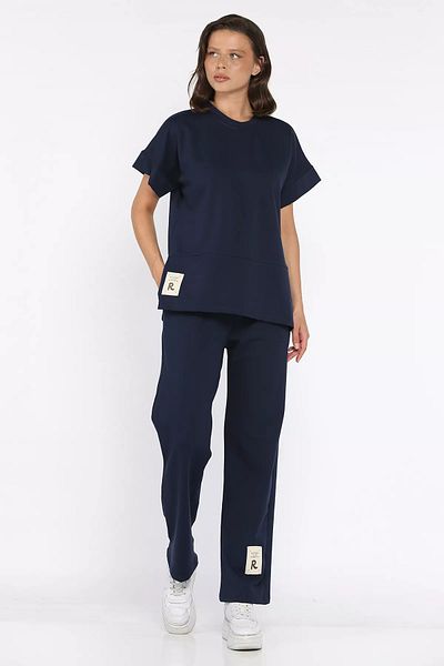 GÜLSELİ Navy Blue Women's Plus Size Embroidered T-Shirt Pants Double Set