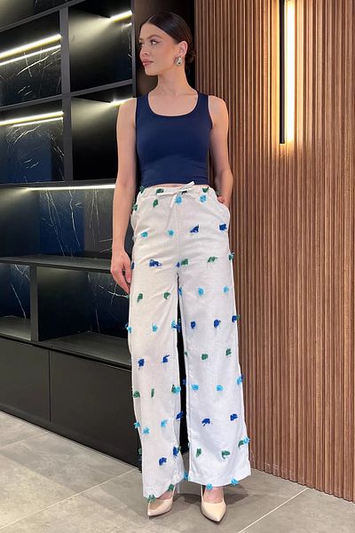 GÜLSELİ Stone Blue Women's High Waist Tassel Detailed Palazzo Linen Trousers