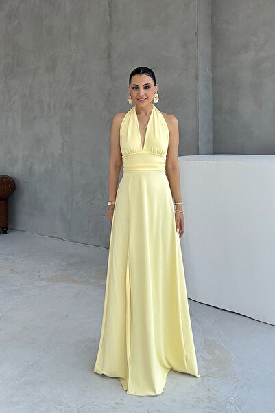 Seda Yalçın Atelier Sera Neck Tie Back Low Cut Slit Yellow Dress