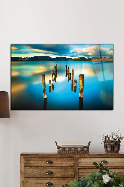 Rosyvien Peisaj de grădină din lemn de schelet deasupra lacului, pictură orizontală pe sticlă, decor de perete pentru casă și birou, cadou de lux