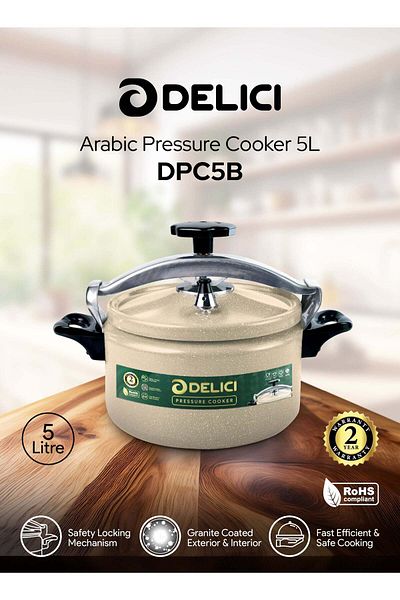 DELICI Aluminium Pressure Cooker 5 Litre – Durable Build, Safe Lock, Even Heat, 2-Year Warranty (DPC 5B)