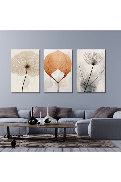 GAAGART 3'lü Kanvas Salon Tablosu Seti Kiremit ve Kremrengi Soyut Çiçekler