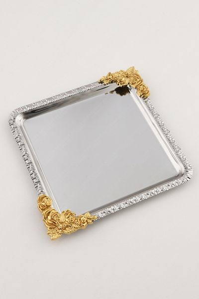 AKSESUAR EVRENİ Luna Silver Framed Flower Patterned Stainless Decorative Square Presentation Tray
