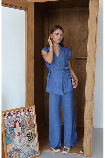 FİOXCO Softy Belted Vest Palazzo Woven Linen Suit