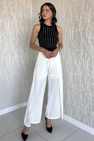 GÜLSELİ Cream Slit Detailed Covered Wide Leg Women's Trousers