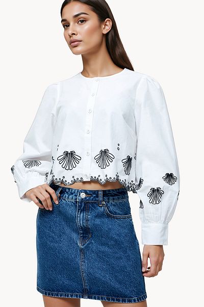French Connection Embroidered Regular Cotton High Neck Top