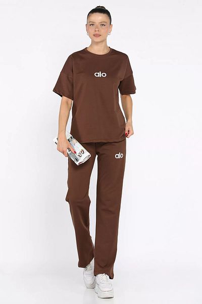 GÜLSELİ Coffee Crew Neck Embroidered Women's T-Shirt Pants Double Set