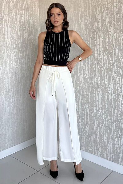 GÜLSELİ Cream Slit Detailed Covered Wide Leg Women's Trousers
