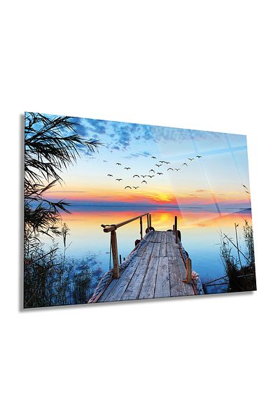 Rosyvien Pictură pe sticlă orizontală cu schelă și peisaj de apus, decor de perete pentru casă și birou, cadou de lux