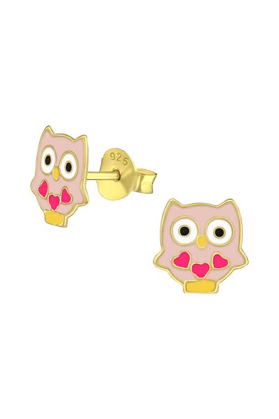 Sophia Collection Children's earrings 925 silver with 24k gold plating, pink owl model, Sophia Collection