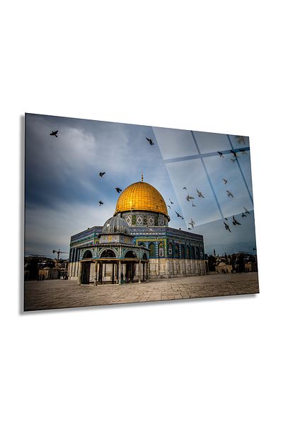 Rosyvien Tablou de sticlă orizontal al Moscheei al Al-Aqsa din Ierusalim, spiritual religios și islamic, decor de perete pentru casă și birou, cadou de lux