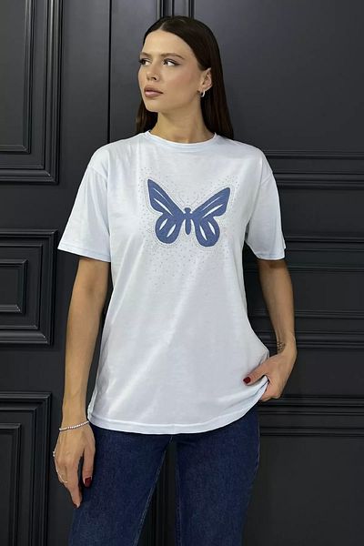 GÜLSELİ Tricou de damă cu decolteu albastru cu piatră și fluture