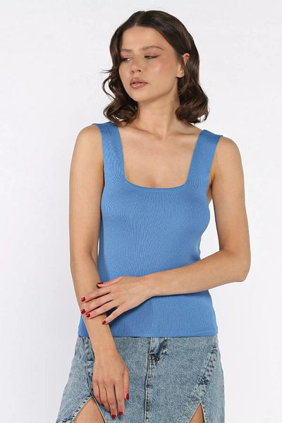 GÜLSELİ Bluză de tricotaj pentru damă din Lycra cu guler pătrat albastru