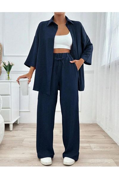 New Lune Women's Wear Burumcuk Suit Shirt Pants Suit, Double Bottom Top Set