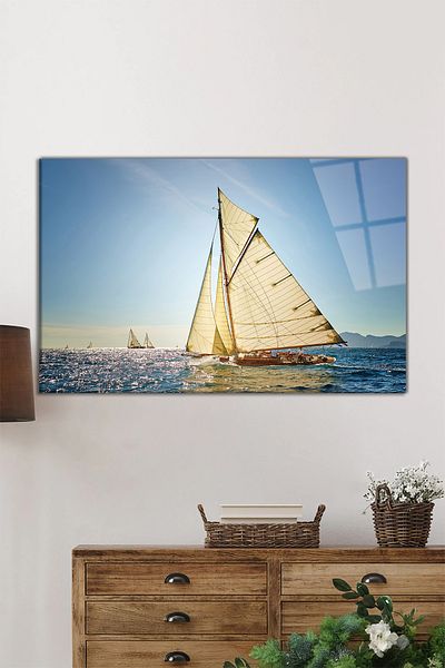 Rosyvien Pictură pe sticlă orizontală cu barca cu vele pe mare, modernă, decor de perete pentru casă și birou, cadou de lux