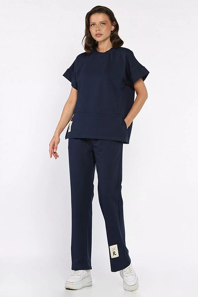 GÜLSELİ Navy Blue Women's Plus Size Embroidered T-Shirt Pants Double Set