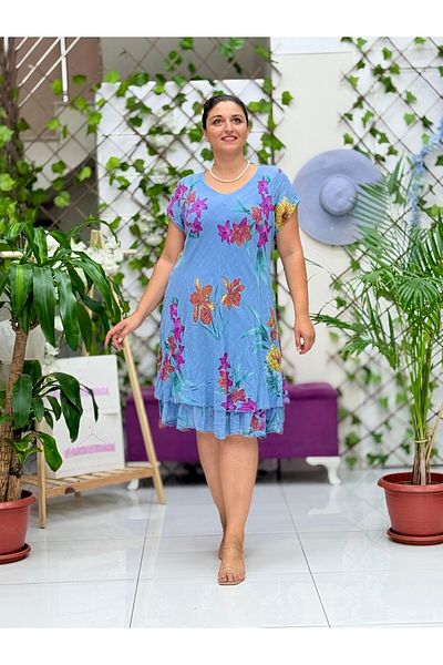 Punta Otantik Nc50123 Italian Short Sleeve Cotton Linen Dress Blue