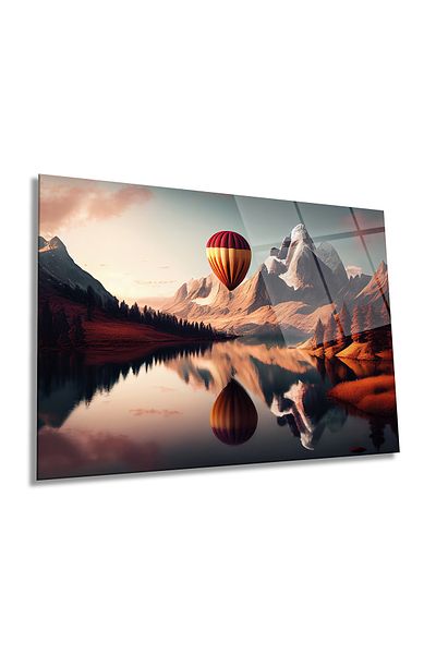 Rosyvien Balloon Landscape at Sunset Horizontal Glass Painting, Home and Office Wall Decoration, Luxury Gift