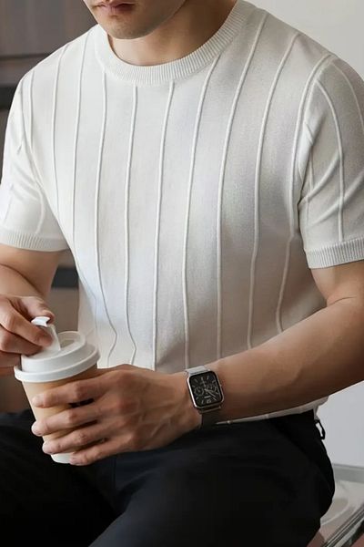 Tarz Cool Vibrant White Men's Round Neck Knitted T-Shirt