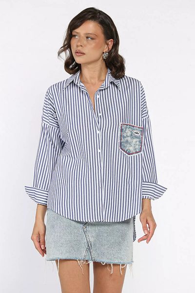 GÜLSELİ Cămașă casual de damă cu buzunare în dungi bleumarin