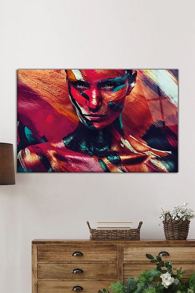 Rosyvien Colorful Painted Woman Portrait Horizontal Glass Painting, Brave Art, Home and Office Wall Decoration, Luxury Gift