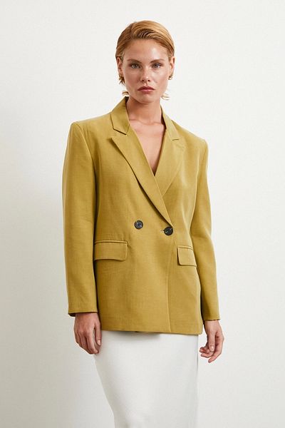 Never more Double Button Linen Blazer Jacket Olive
