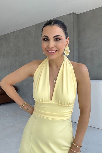 Seda Yalçın Atelier Sera Neck Tie Back Low Cut Slit Yellow Dress
