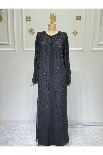 ModaMinar Women's Chiffon Shoulder and Sleeves Stone Embroidery Chiffon Dress