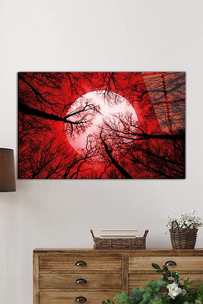 Rosyvien Red Sky Forest and Moon Horizontal Glass Painting, Universe, Home and Office Wall Decoration, Luxury Gift