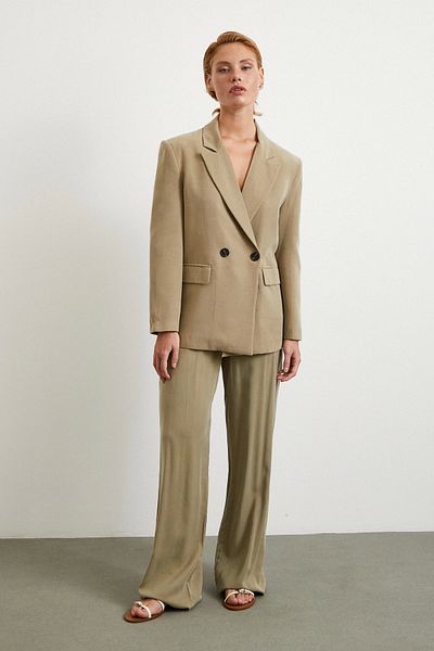 Never more Double Button Linen Blazer Jacket Khaki