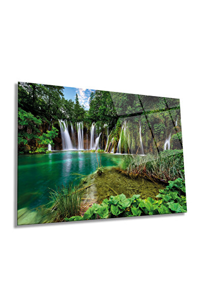 Rosyvien Peisaj verde natură și cascadă pictură orizontală pe sticlă, decor d...