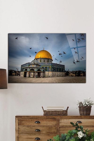 Rosyvien Tablou de sticlă orizontal al Moscheei al Al-Aqsa din Ierusalim, spiritual religios și islamic, decor de perete pentru casă și birou, cadou de lux