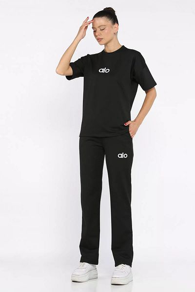GÜLSELİ Black Crew Neck Embroidered Women's T-Shirt Pants Double Set