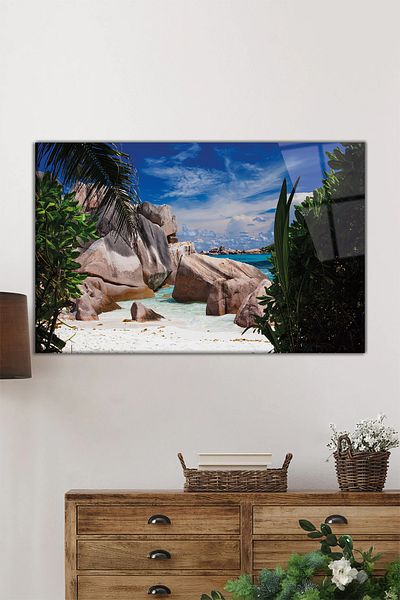 Rosyvien Pictură pe sticlă orizontală cu insulă tropicală și peisaj de stânci, decor de perete pentru casă și birou, cadou de lux
